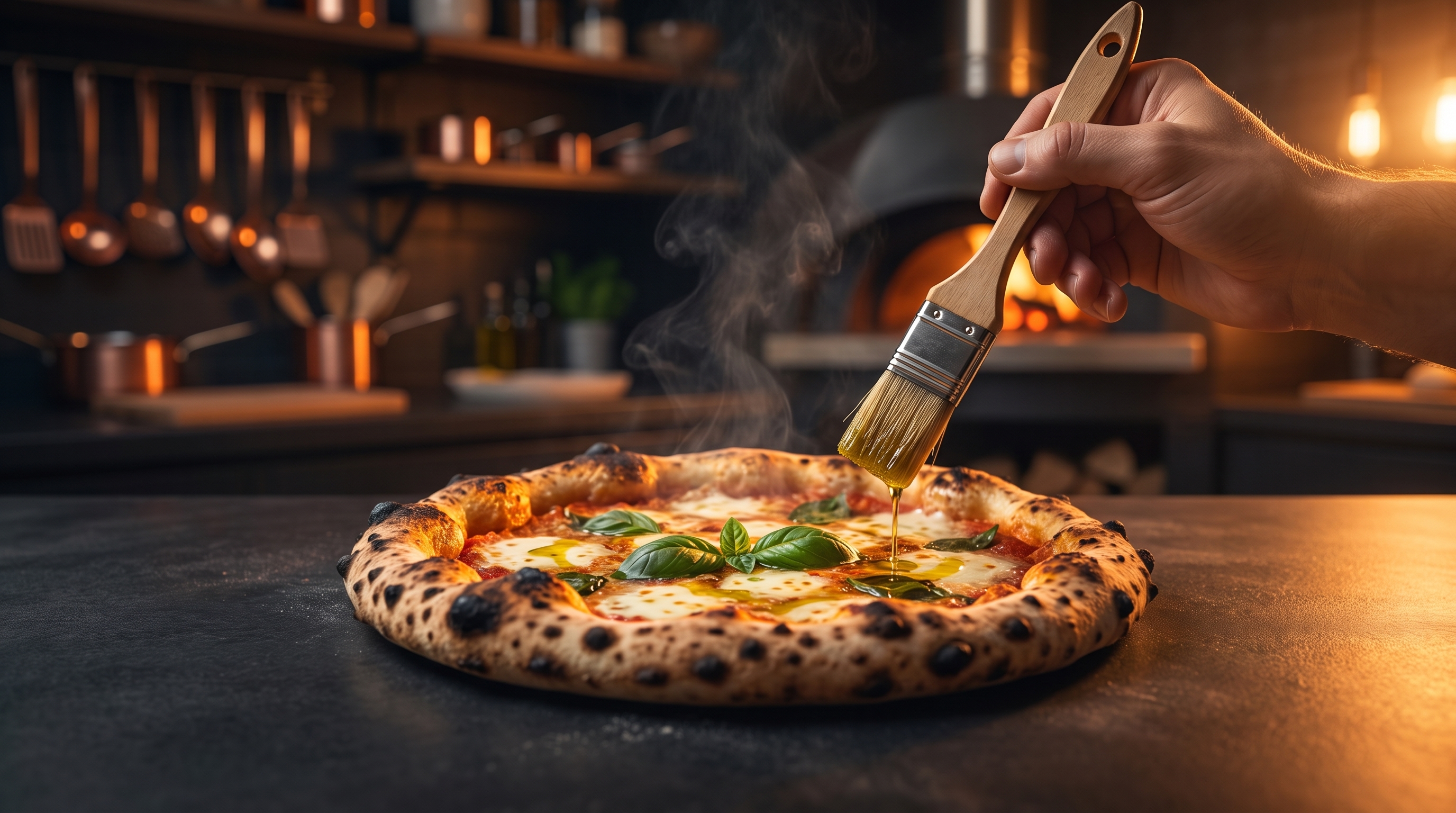 Pizza assando no forno a lenha da Pizza à Bessa